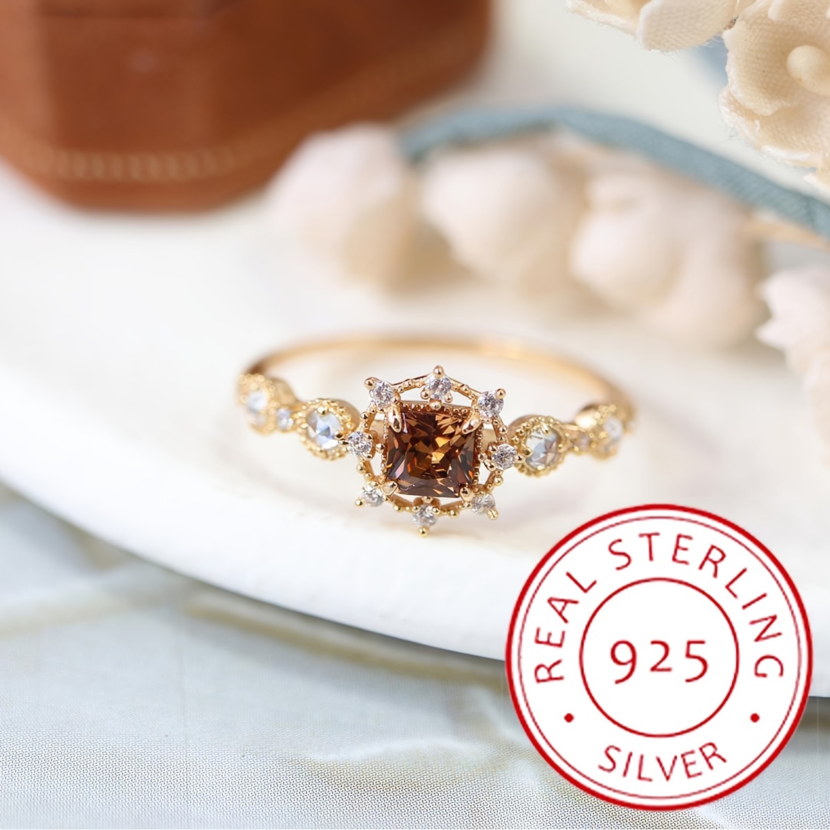 Geometric Diamond Champagne Ring, Coffee December Birthstone, 925 Silver